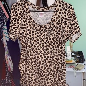 1. Cheetah print shirt extra-large tight fit 2. Blue striped crop dress-tee